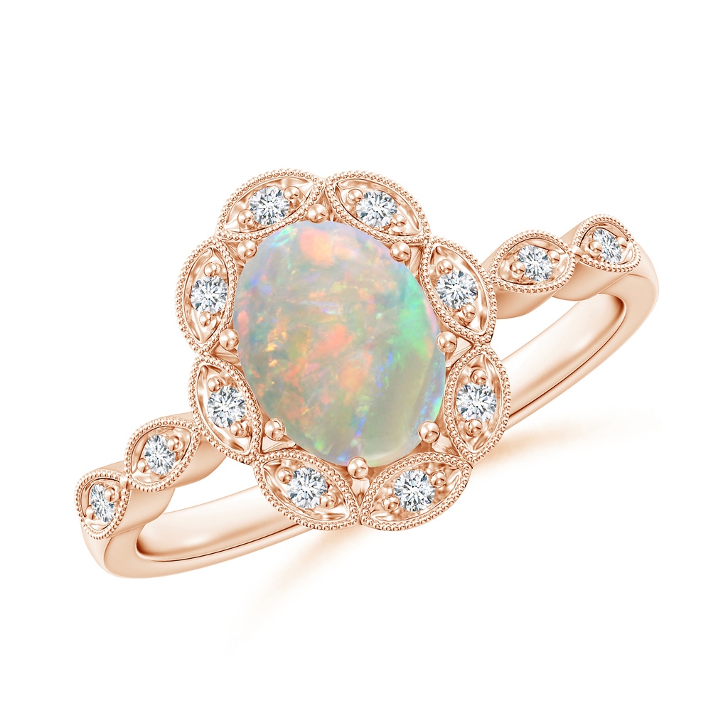 8x6mm AAAA Oval Opal Halo Ring with Milgrain in Rose Gold