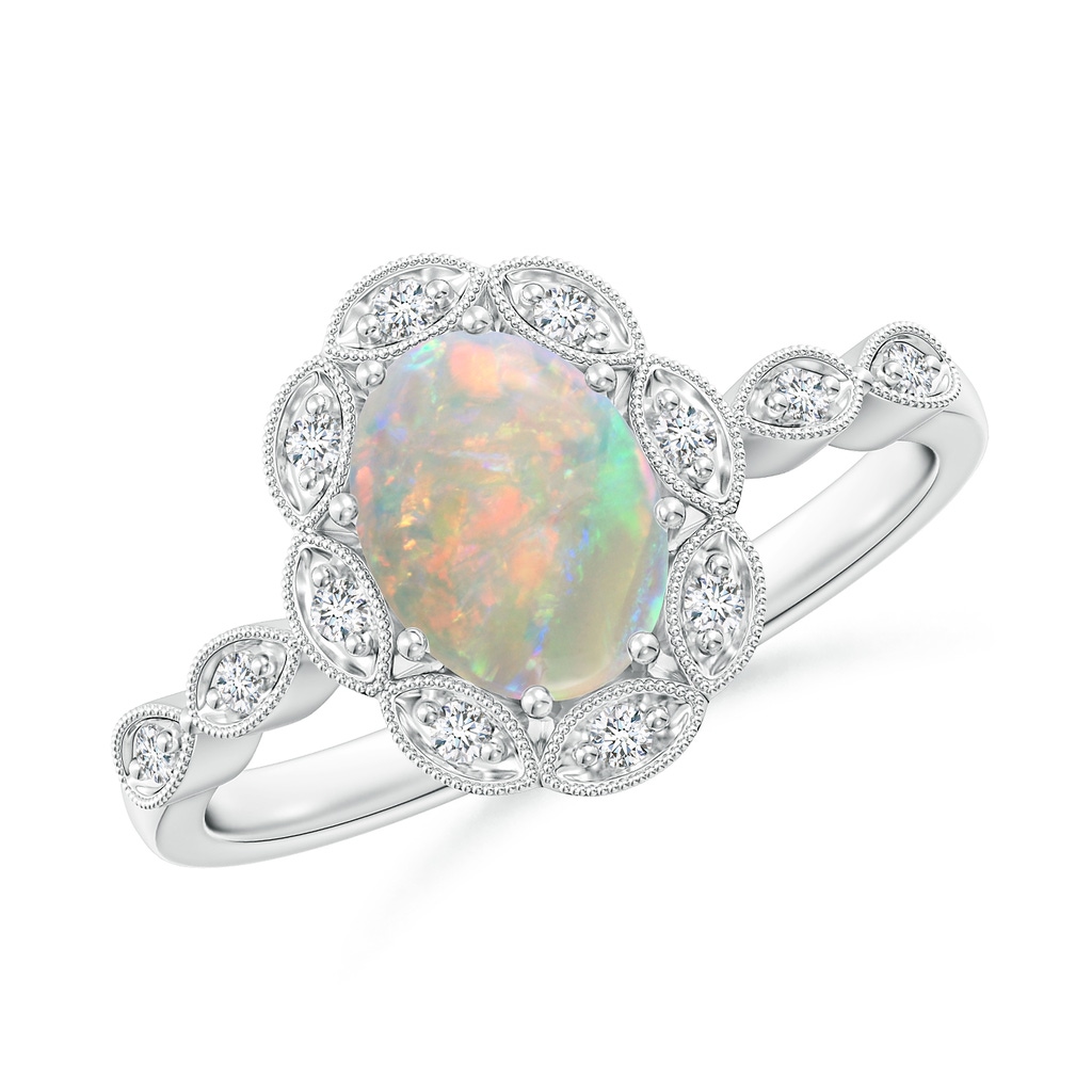 8x6mm AAAA Oval Opal Halo Ring with Milgrain in White Gold