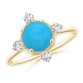 7mm AAAA Solitaire Round Turquoise and Diamond Compass Ring in Yellow Gold
