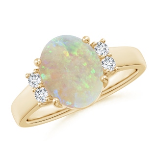 10x8mm AAA Oval-Shaped Opal Solitaire Ring with Diamond Accents in 9K Yellow Gold