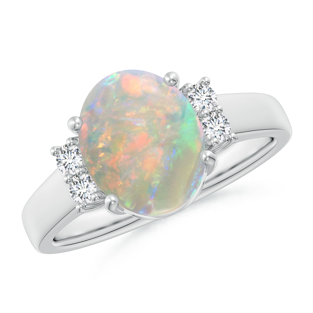 10x8mm AAAA Oval-Shaped Opal Solitaire Ring with Diamond Accents in S999 Silver