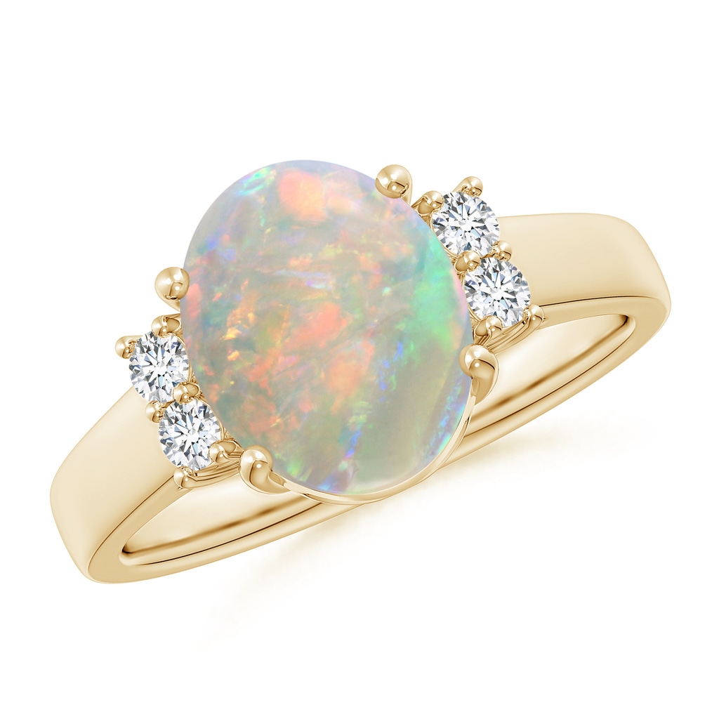 10x8mm AAAA Oval-Shaped Opal Solitaire Ring with Diamond Accents in Yellow Gold 