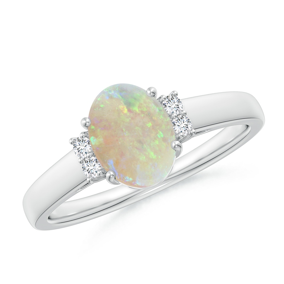 8x6mm AAA Oval-Shaped Opal Solitaire Ring with Diamond Accents in 9K White Gold 