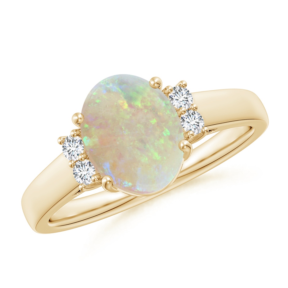 9x7mm AAA Oval-Shaped Opal Solitaire Ring with Diamond Accents in Yellow Gold 