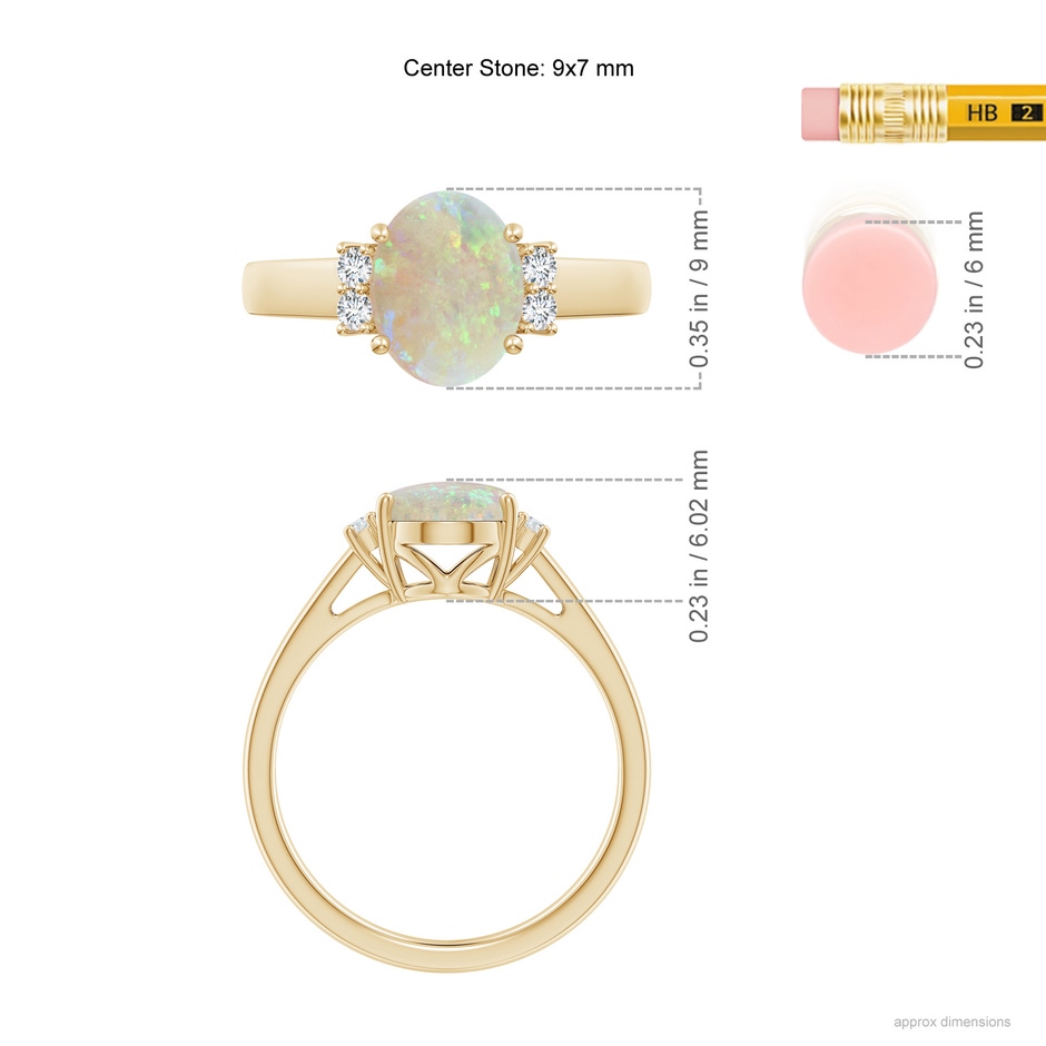 9x7mm AAA Oval-Shaped Opal Solitaire Ring with Diamond Accents in Yellow Gold ruler