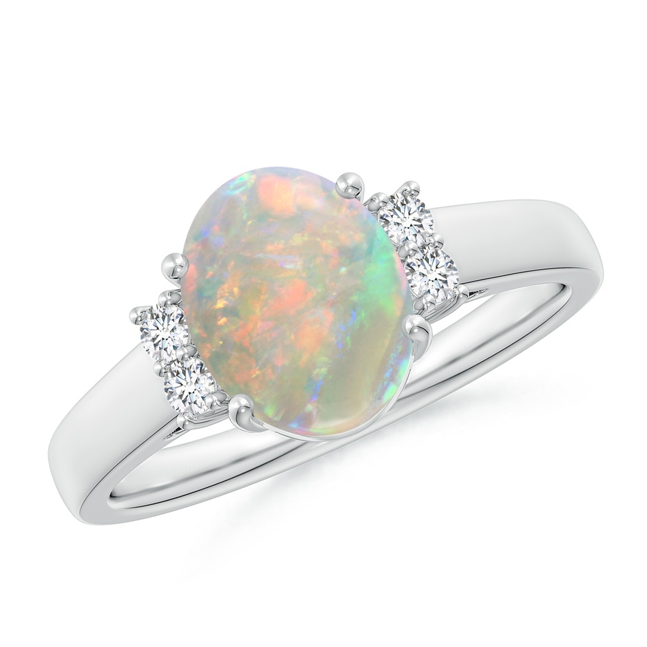 9x7mm AAAA Oval-Shaped Opal Solitaire Ring with Diamond Accents in 10K White Gold 