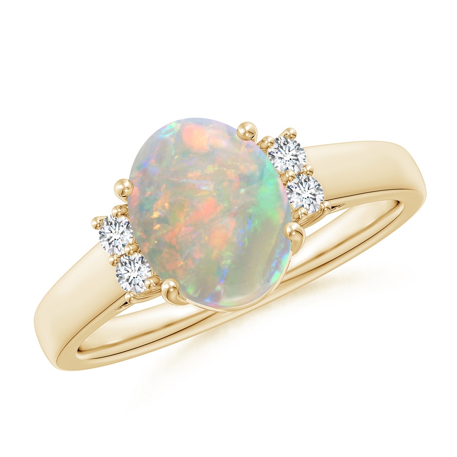 9x7mm AAAA Oval-Shaped Opal Solitaire Ring with Diamond Accents in Yellow Gold 