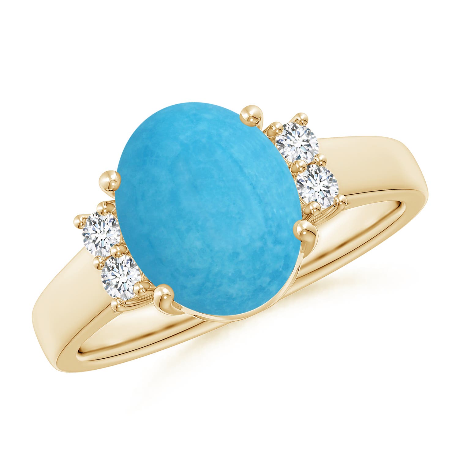 10x8mm A Oval-Shaped Turquoise Solitaire Ring with Diamond Accents in Yellow Gold