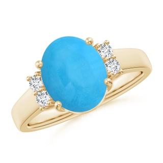 10x8mm AAA Oval-Shaped Turquoise Solitaire Ring with Diamond Accents in Yellow Gold