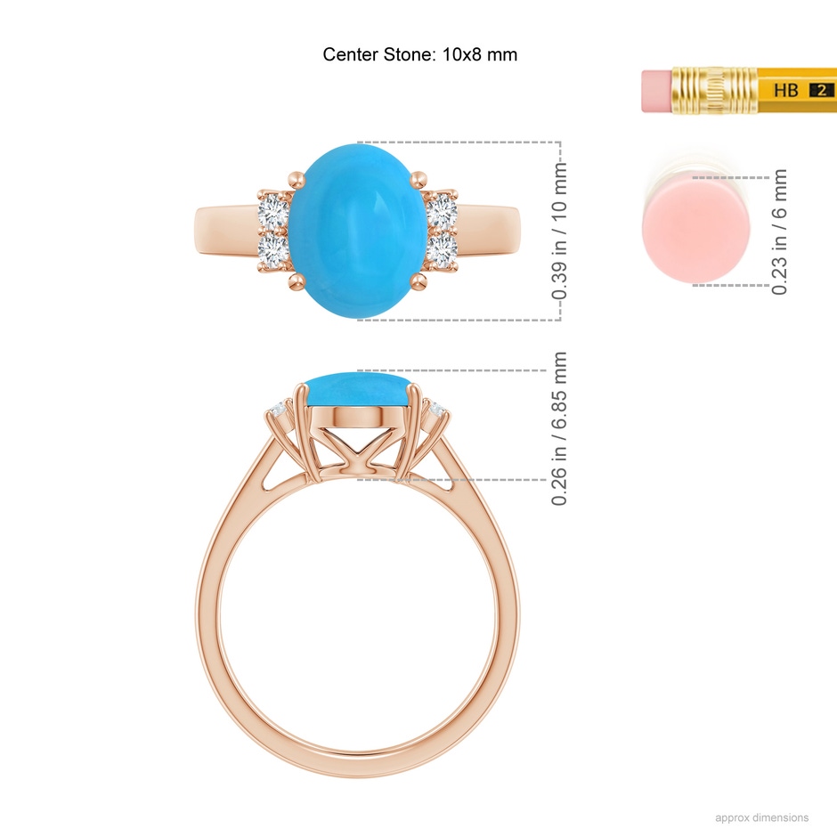 10x8mm AAAA Oval-Shaped Turquoise Solitaire Ring with Diamond Accents in Rose Gold ruler