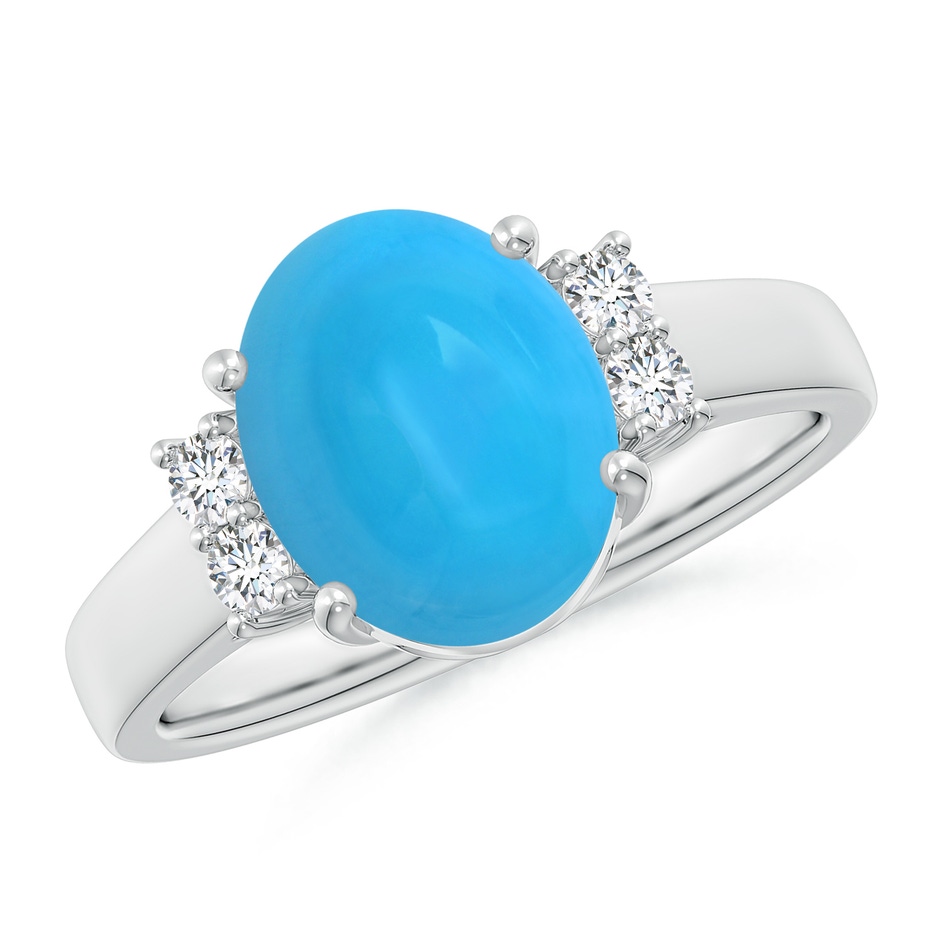 10x8mm AAAA Oval-Shaped Turquoise Solitaire Ring with Diamond Accents in White Gold 