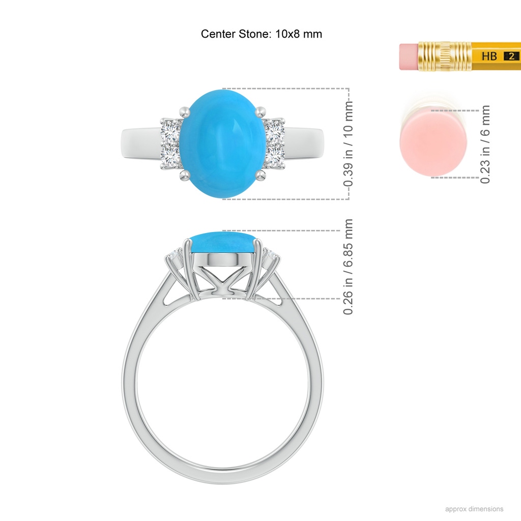 10x8mm AAAA Oval-Shaped Turquoise Solitaire Ring with Diamond Accents in White Gold Ruler