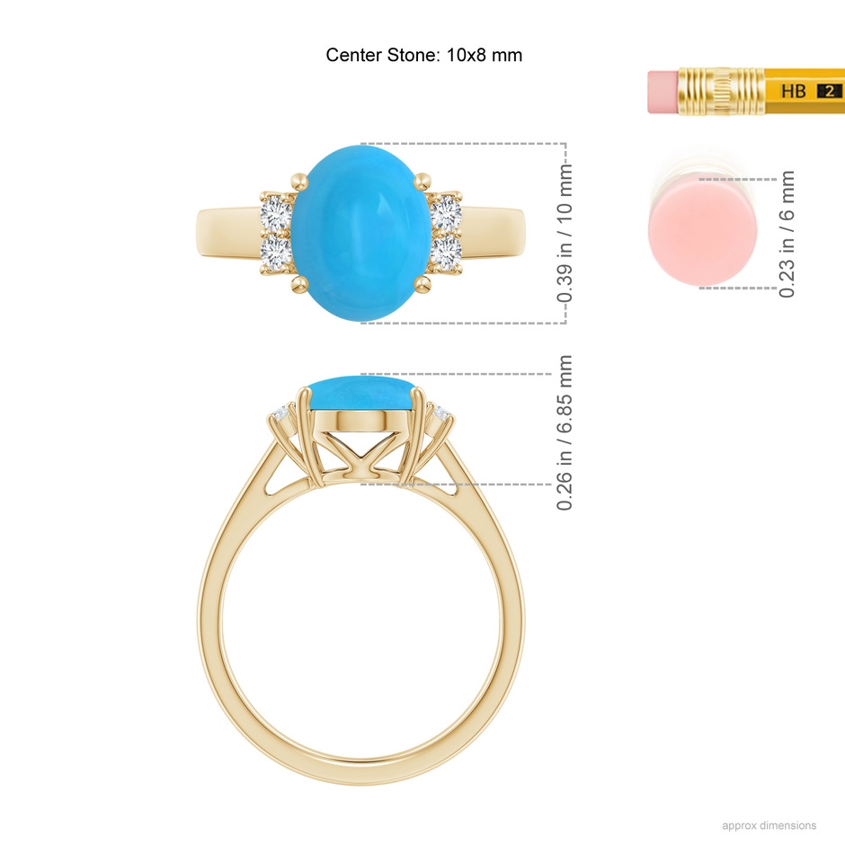 10x8mm AAAA Oval-Shaped Turquoise Solitaire Ring with Diamond Accents in Yellow Gold ruler