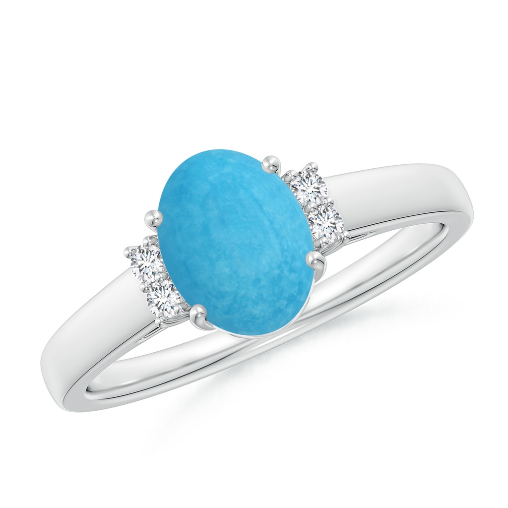8x6mm A Oval-Shaped Turquoise Solitaire Ring with Diamond Accents in S999 Silver