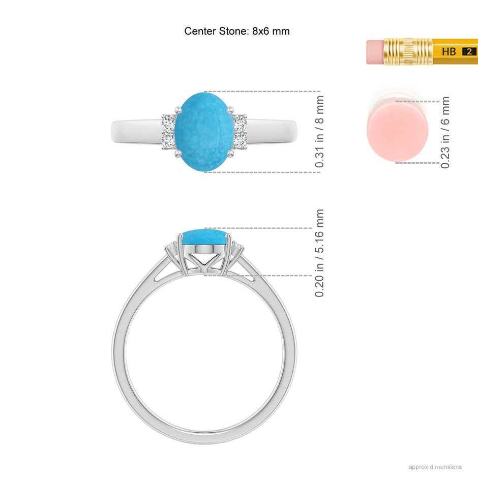 8x6mm A Oval-Shaped Turquoise Solitaire Ring with Diamond Accents in S999 Silver ruler