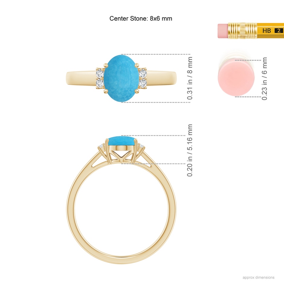 8x6mm A Oval-Shaped Turquoise Solitaire Ring with Diamond Accents in Yellow Gold ruler
