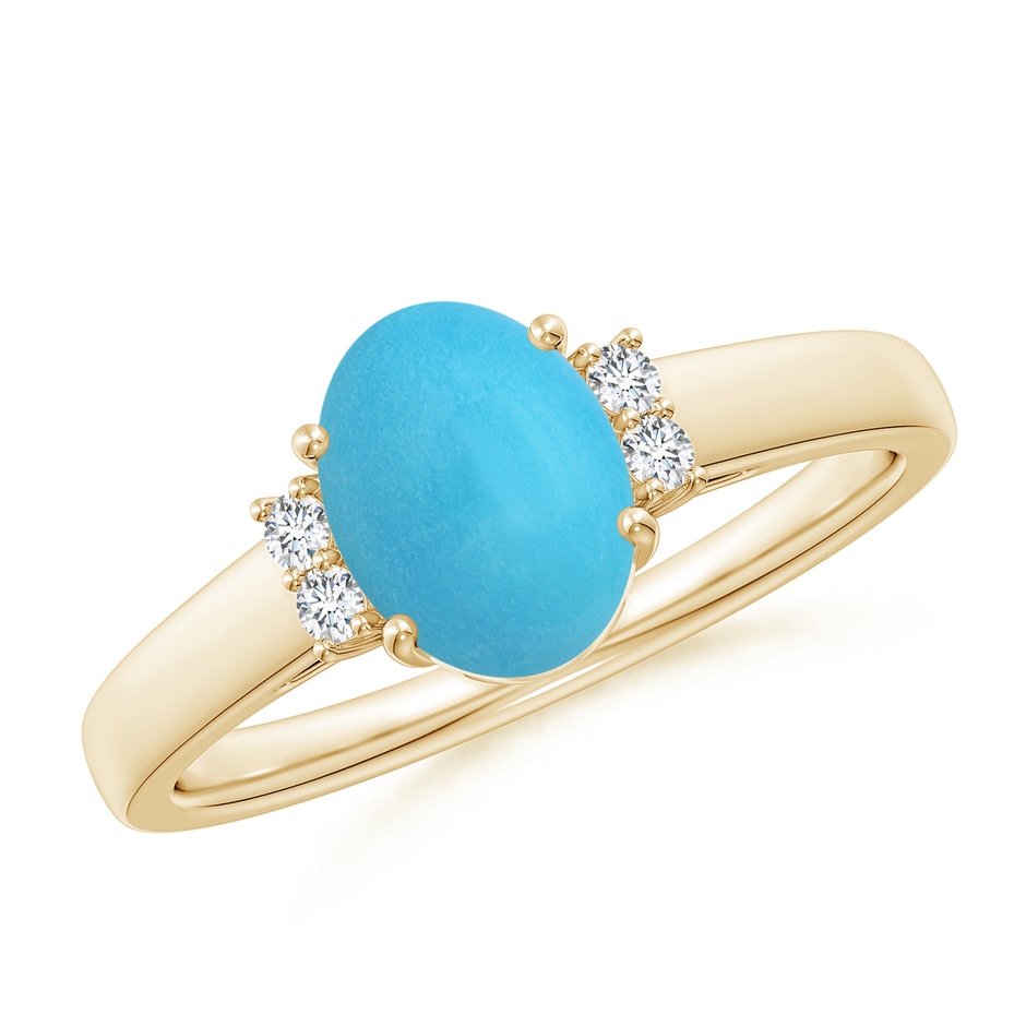 8x6mm AA Oval-Shaped Turquoise Solitaire Ring with Diamond Accents in Yellow Gold 