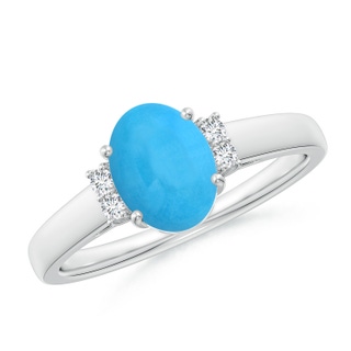 8x6mm AAA Oval-Shaped Turquoise Solitaire Ring with Diamond Accents in S999 Silver