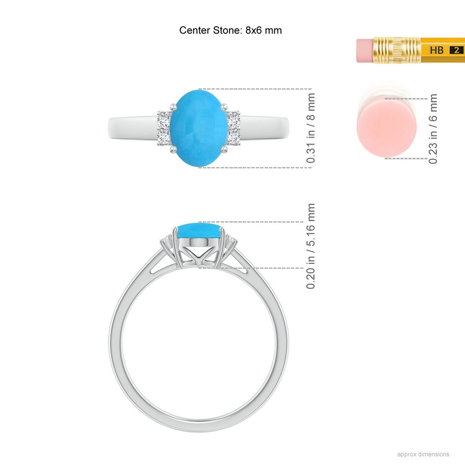8x6mm AAA Oval-Shaped Turquoise Solitaire Ring with Diamond Accents in S999 Silver ruler