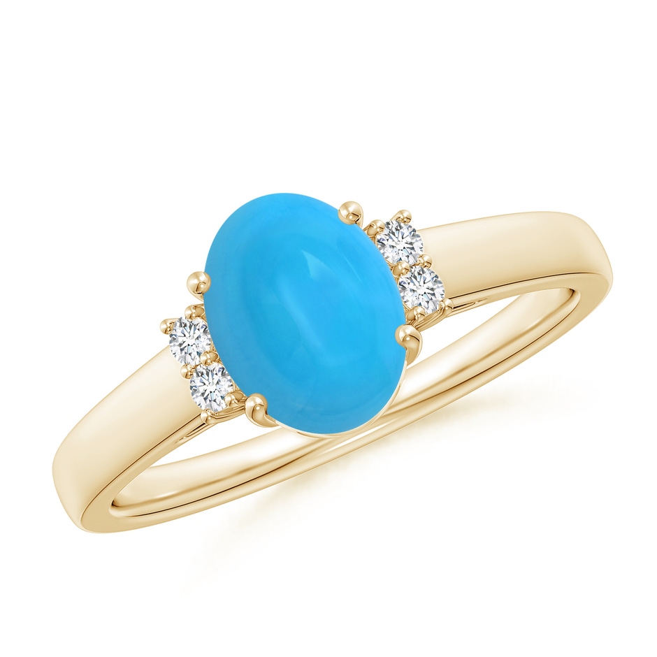 8x6mm AAAA Oval-Shaped Turquoise Solitaire Ring with Diamond Accents in Yellow Gold 