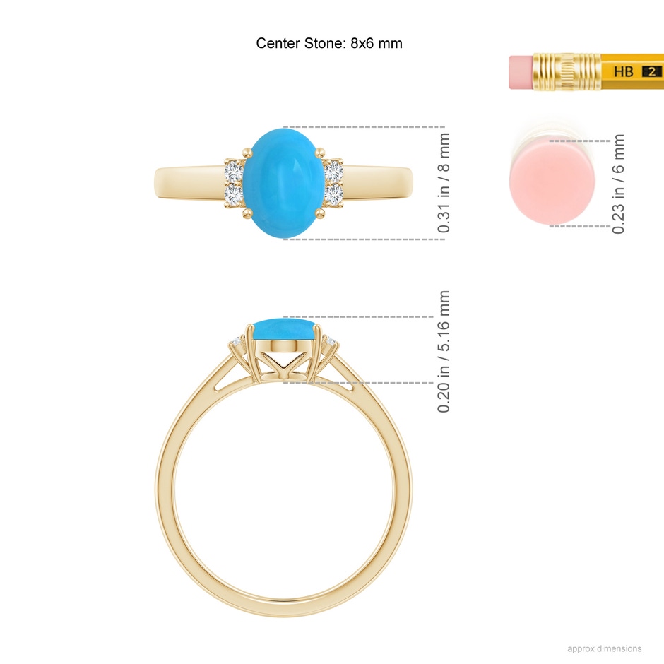 8x6mm AAAA Oval-Shaped Turquoise Solitaire Ring with Diamond Accents in Yellow Gold ruler