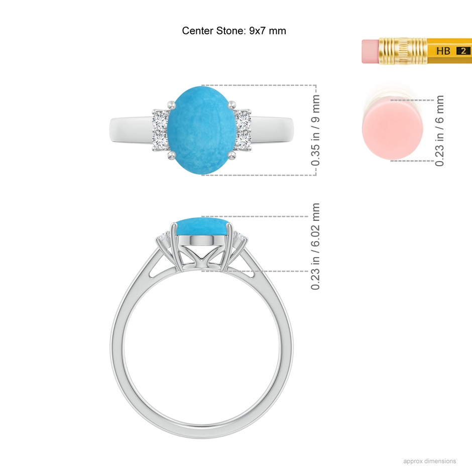 9x7mm A Oval-Shaped Turquoise Solitaire Ring with Diamond Accents in S999 Silver ruler