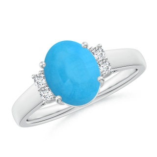 9x7mm AAA Oval-Shaped Turquoise Solitaire Ring with Diamond Accents in White Gold