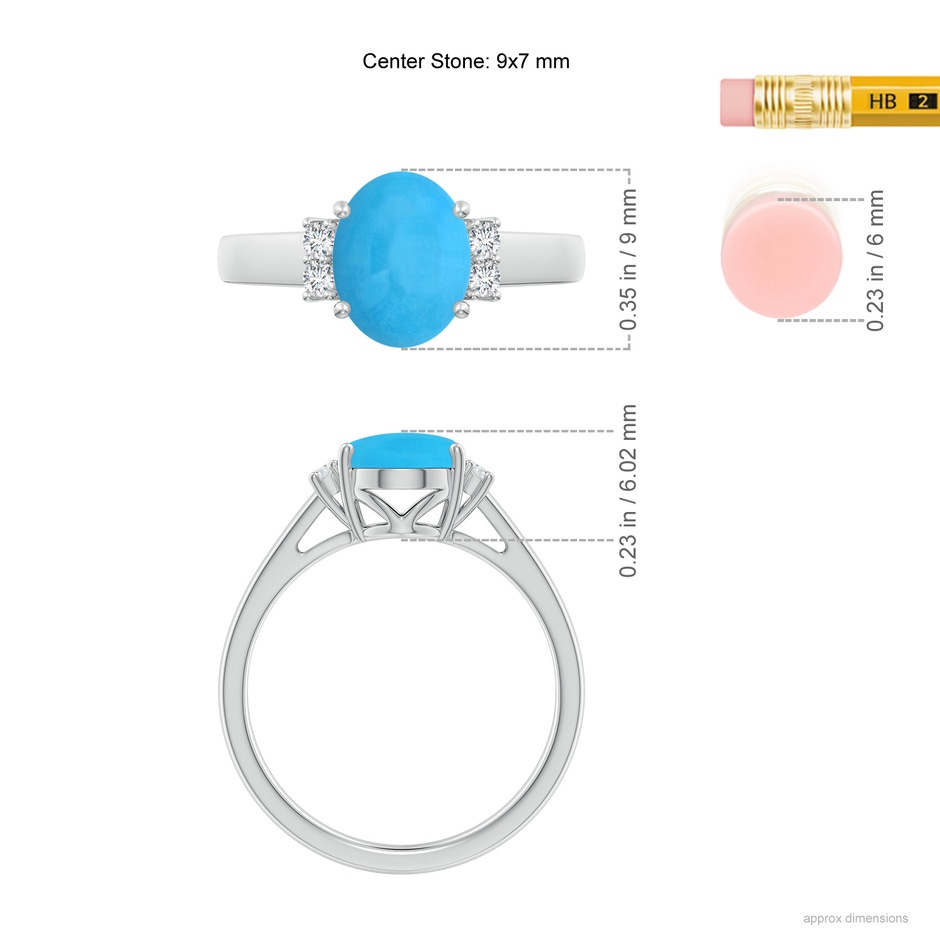 9x7mm AAA Oval-Shaped Turquoise Solitaire Ring with Diamond Accents in White Gold ruler