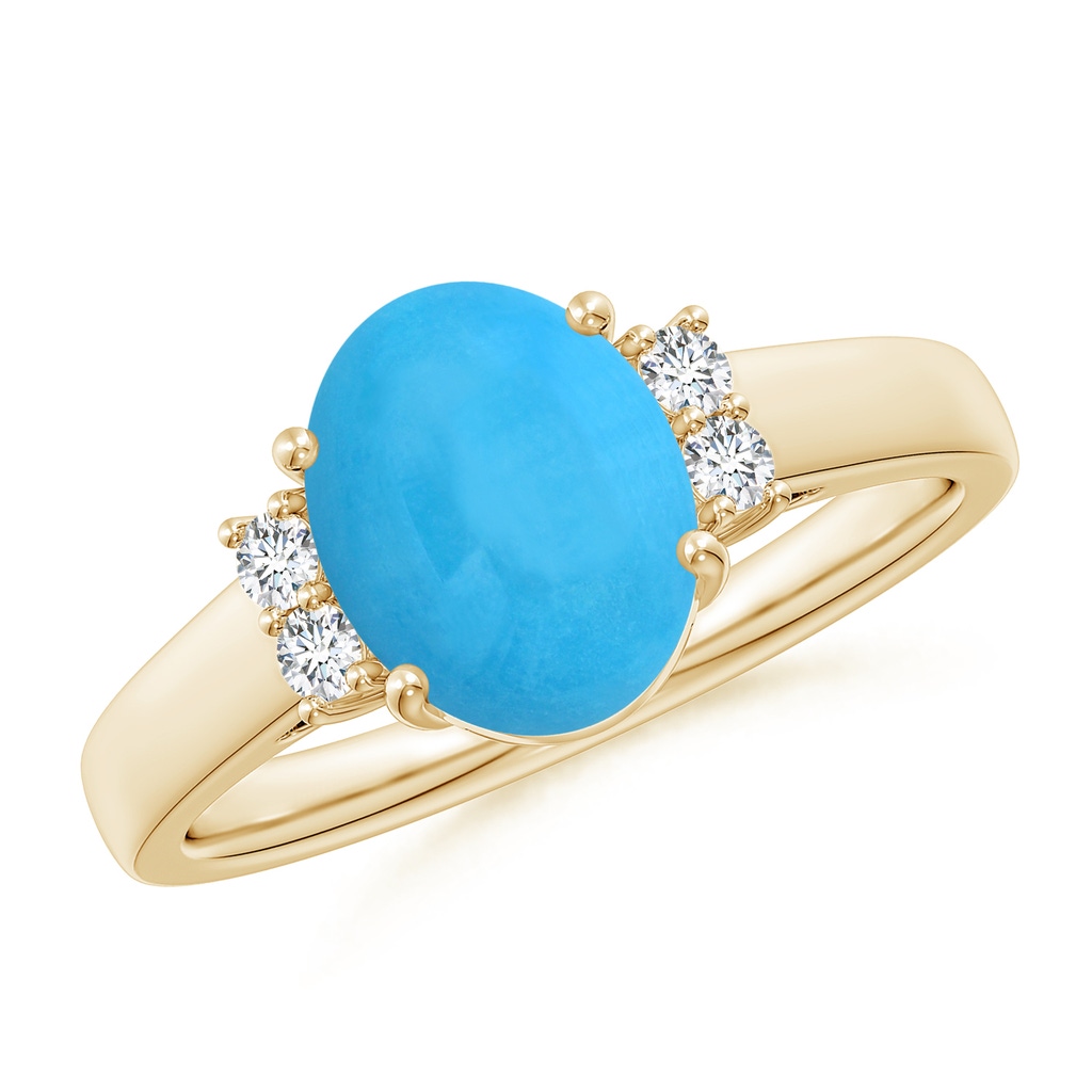 9x7mm AAA Oval-Shaped Turquoise Solitaire Ring with Diamond Accents in Yellow Gold