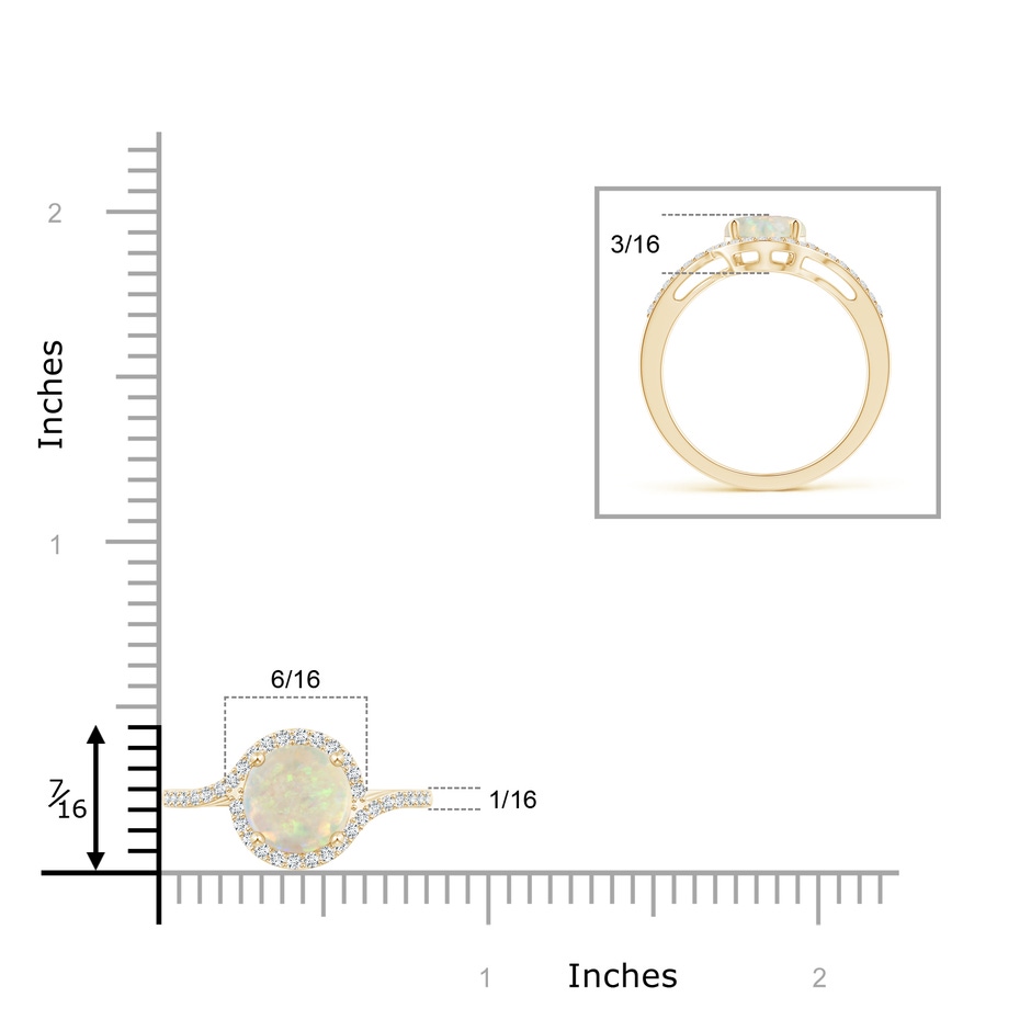7mm AAA Bypass Round Opal and Diamond Halo Ring in Yellow Gold ruler