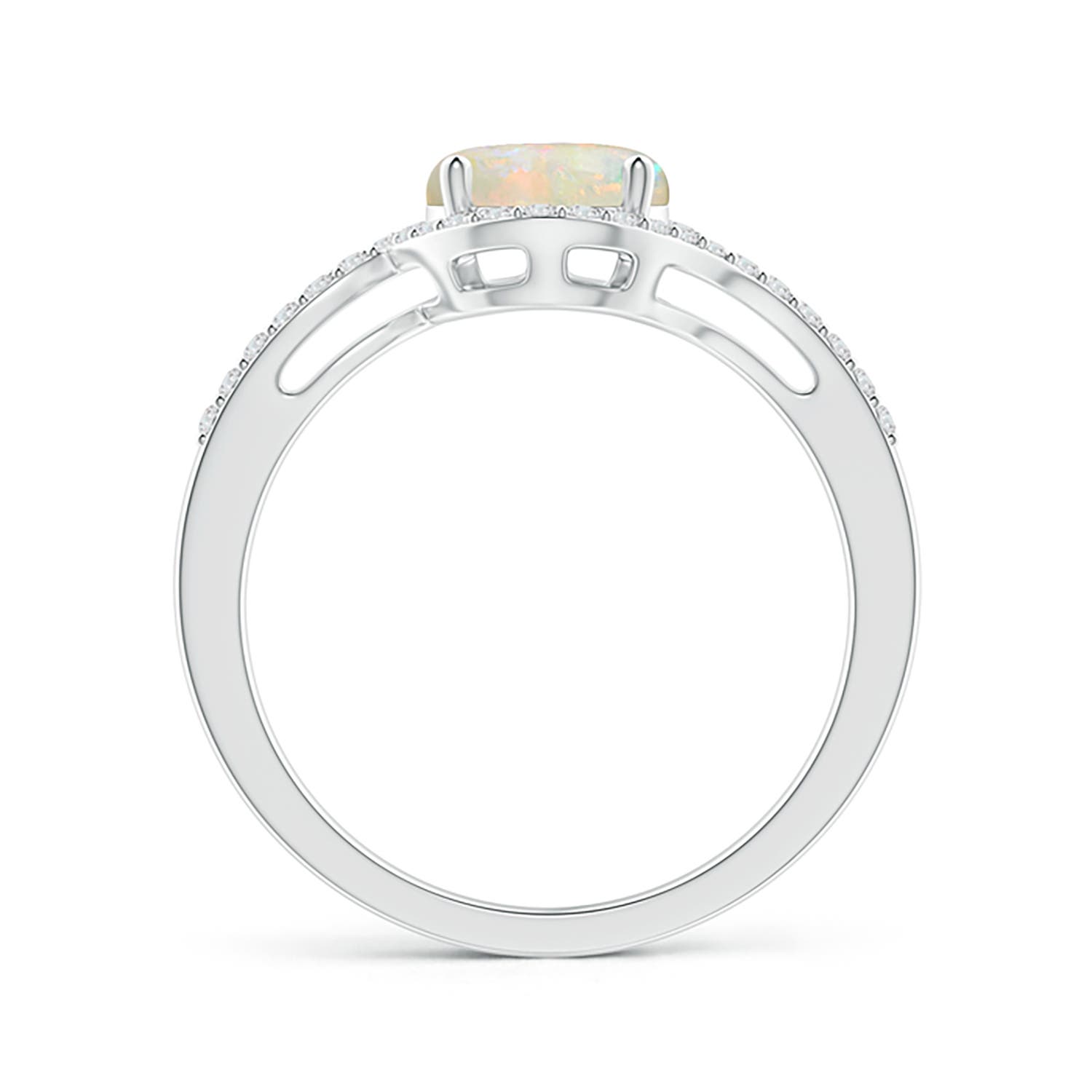 7mm AAAA Bypass Round Opal and Diamond Halo Ring in White Gold - side 1