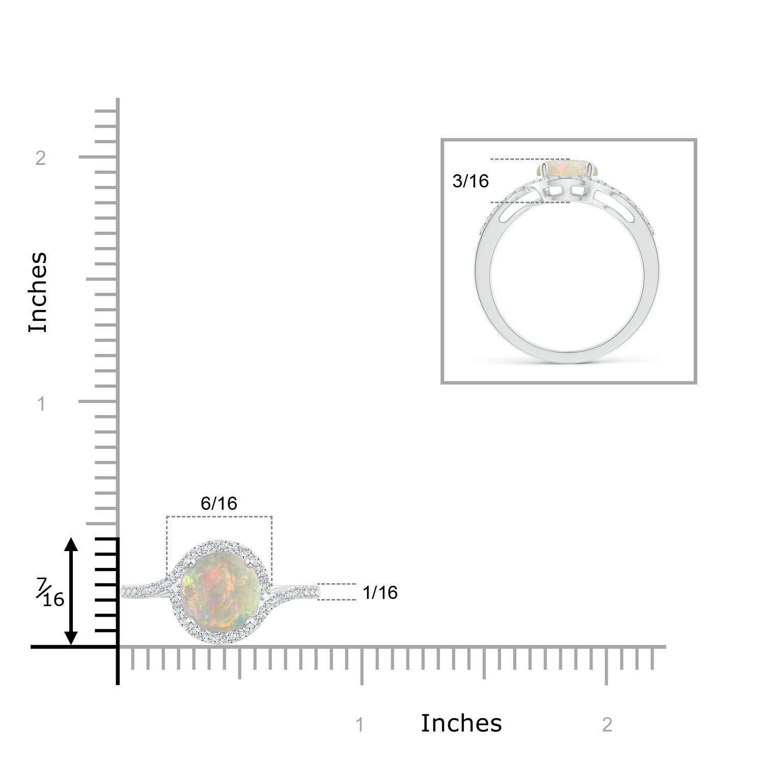 7mm AAAA Bypass Round Opal and Diamond Halo Ring in White Gold - ruler
