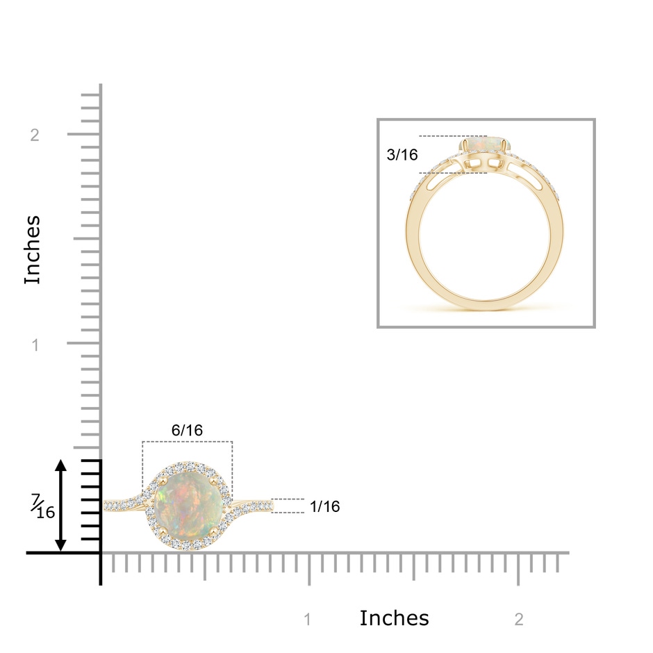 7mm AAAA Bypass Round Opal and Diamond Halo Ring in Yellow Gold ruler