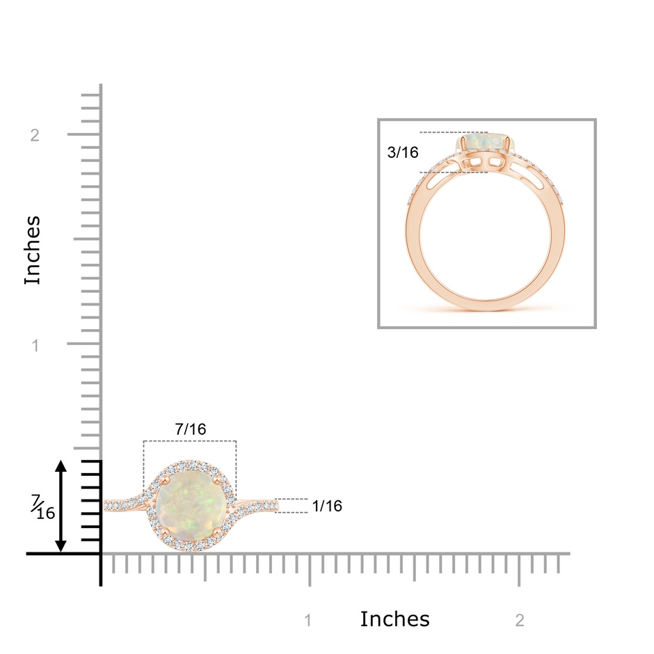 8mm AAA Bypass Round Opal and Diamond Halo Ring in Rose Gold ruler