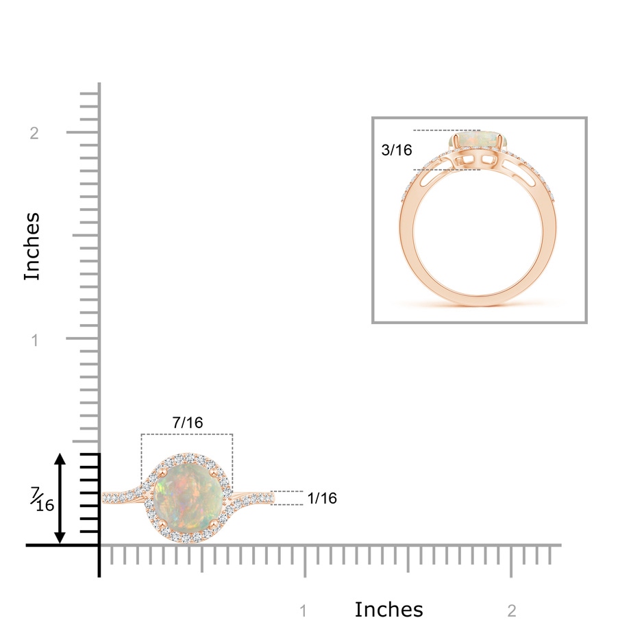 8mm AAAA Bypass Round Opal and Diamond Halo Ring in Rose Gold ruler