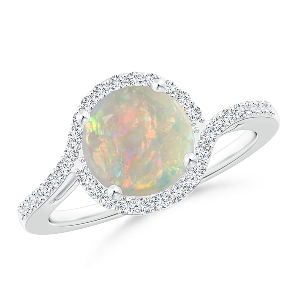 8mm AAAA Bypass Round Opal and Diamond Halo Ring in White Gold