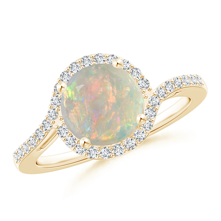 8mm AAAA Bypass Round Opal and Diamond Halo Ring in Yellow Gold 