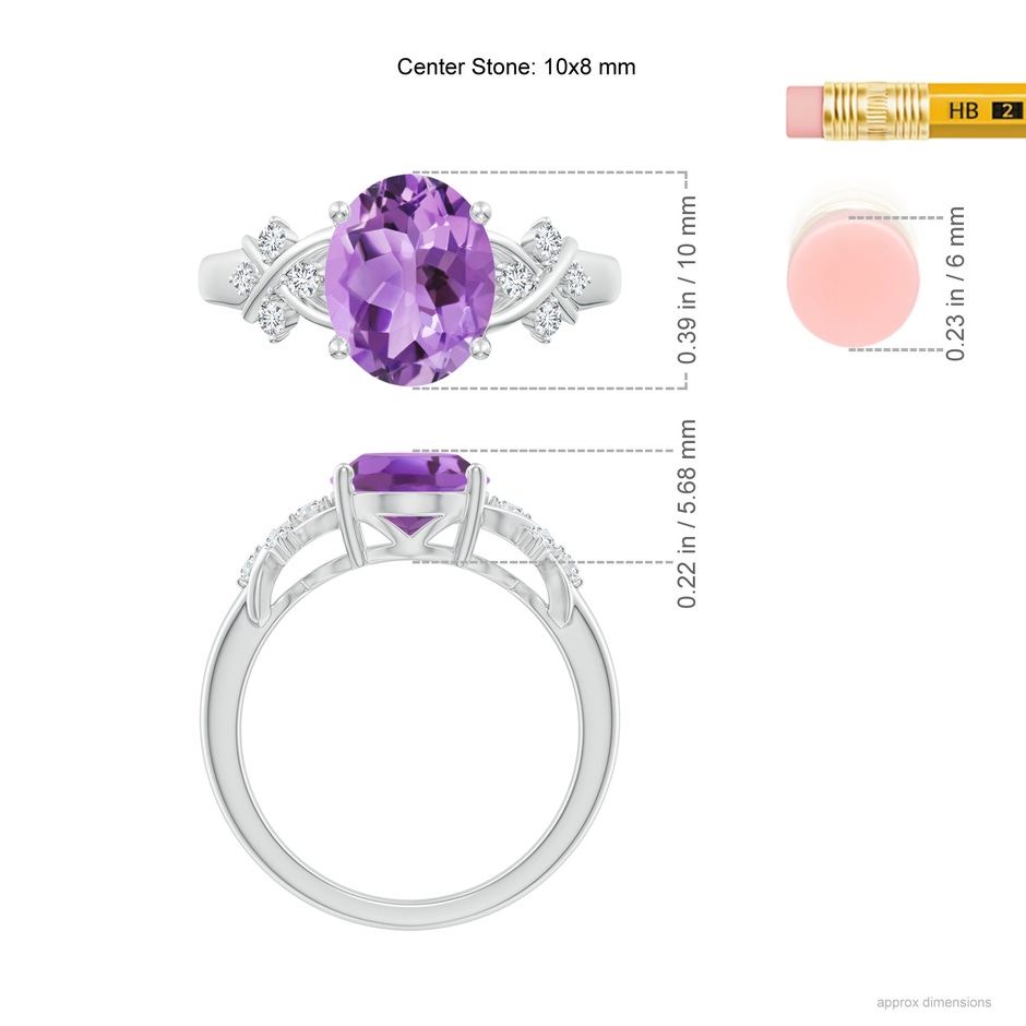 10x8mm A Solitaire Oval Amethyst Criss Cross Ring with Diamonds in White Gold ruler