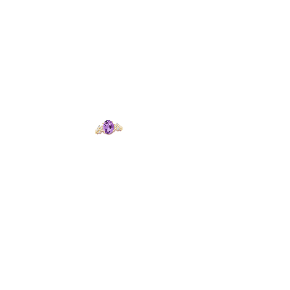 10x8mm A Solitaire Oval Amethyst Criss Cross Ring with Diamonds in Yellow Gold body-hand