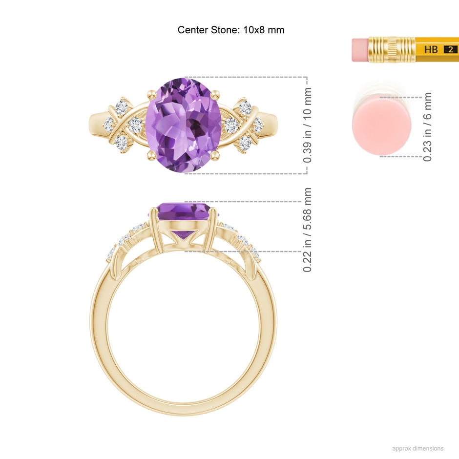 10x8mm A Solitaire Oval Amethyst Criss Cross Ring with Diamonds in Yellow Gold ruler