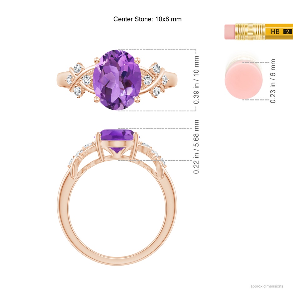 10x8mm AA Solitaire Oval Amethyst Criss Cross Ring with Diamonds in Rose Gold ruler