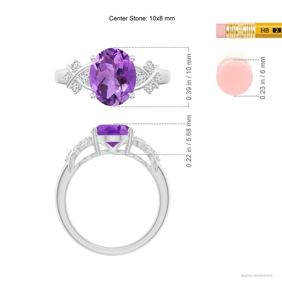 10x8mm AA Solitaire Oval Amethyst Criss Cross Ring with Diamonds in White Gold ruler