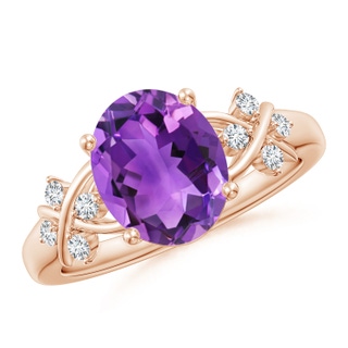 10x8mm AAA Solitaire Oval Amethyst Criss Cross Ring with Diamonds in Rose Gold