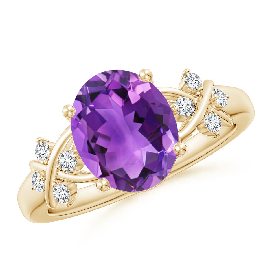 10x8mm AAA Solitaire Oval Amethyst Criss Cross Ring with Diamonds in Yellow Gold 