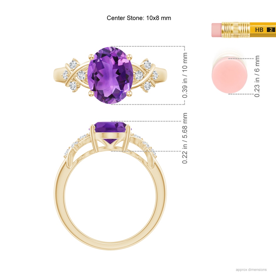 10x8mm AAA Solitaire Oval Amethyst Criss Cross Ring with Diamonds in Yellow Gold ruler