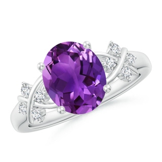 10x8mm AAAA Solitaire Oval Amethyst Criss Cross Ring with Diamonds in P950 Platinum