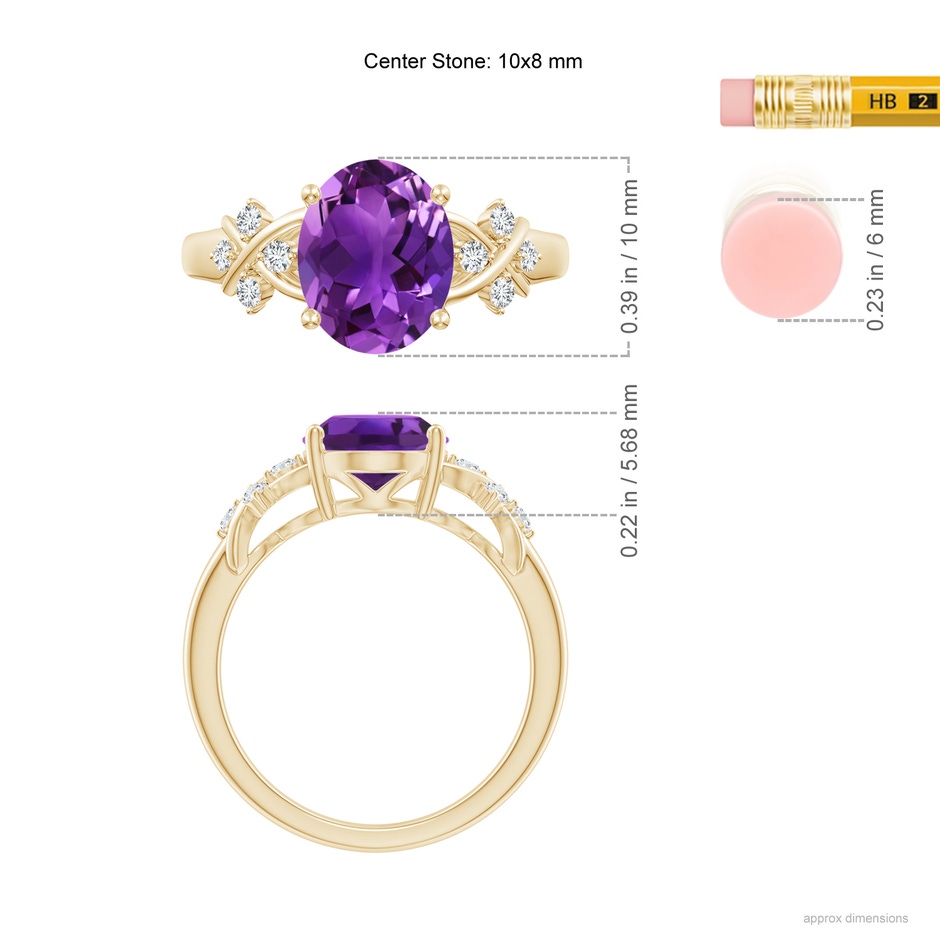 10x8mm AAAA Solitaire Oval Amethyst Criss Cross Ring with Diamonds in Yellow Gold ruler