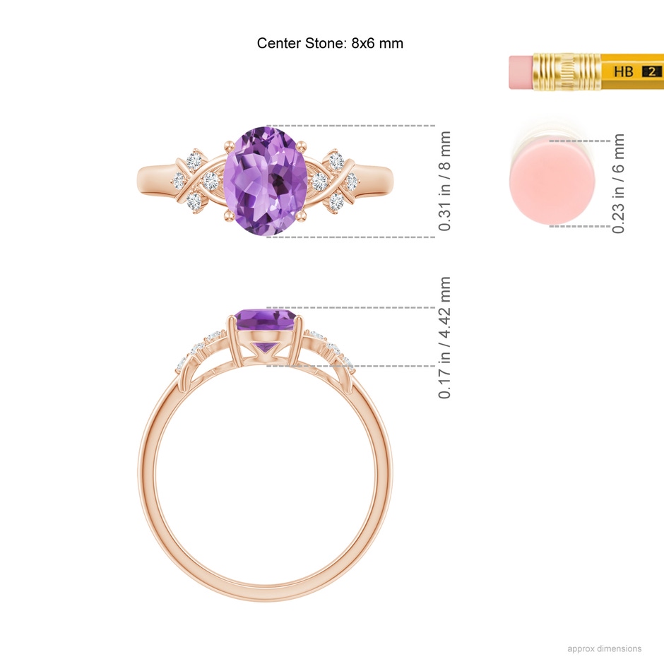 8x6mm A Solitaire Oval Amethyst Criss Cross Ring with Diamonds in Rose Gold ruler