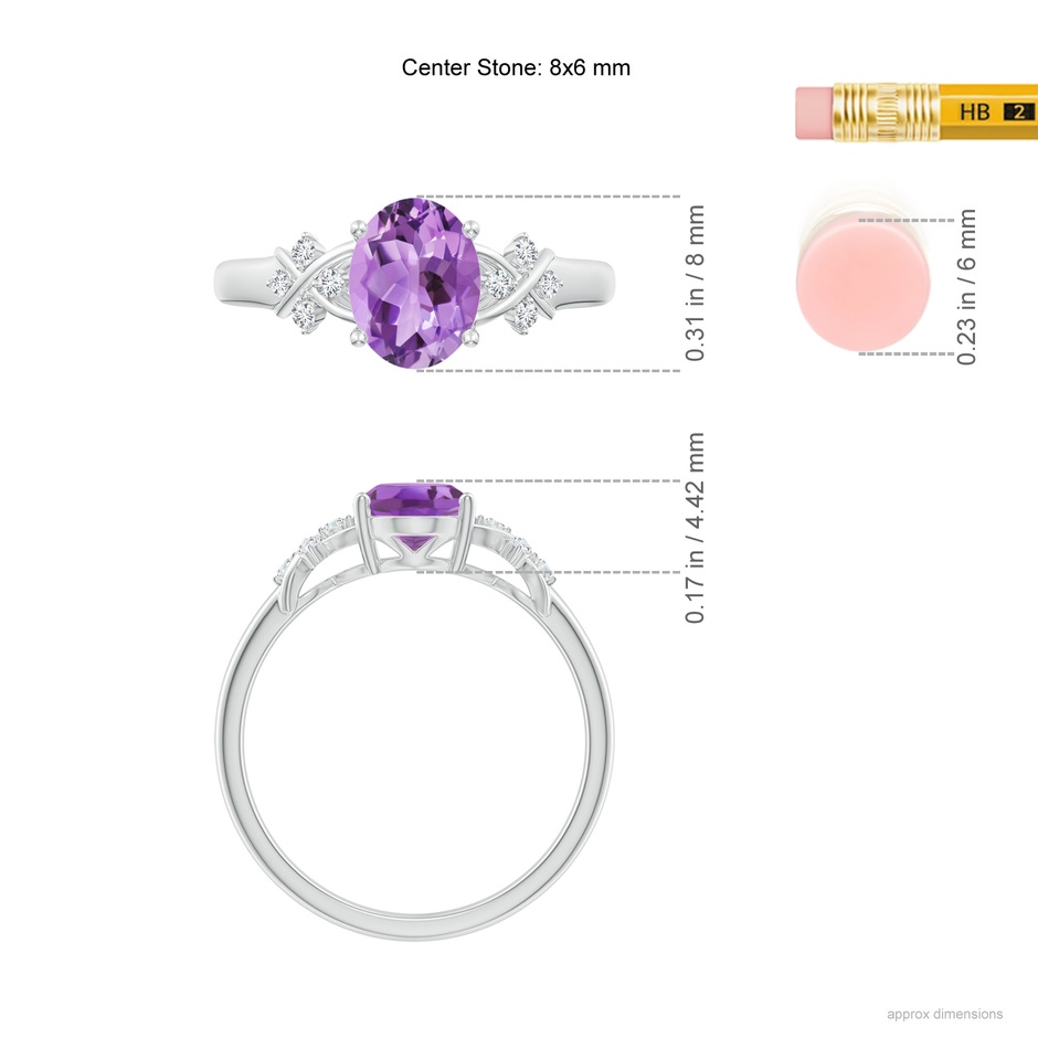 8x6mm A Solitaire Oval Amethyst Criss Cross Ring with Diamonds in White Gold ruler