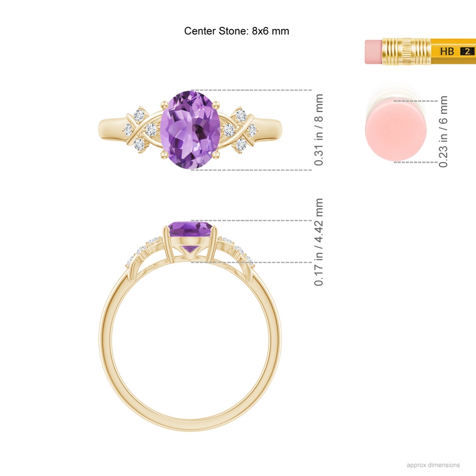 8x6mm A Solitaire Oval Amethyst Criss Cross Ring with Diamonds in Yellow Gold ruler